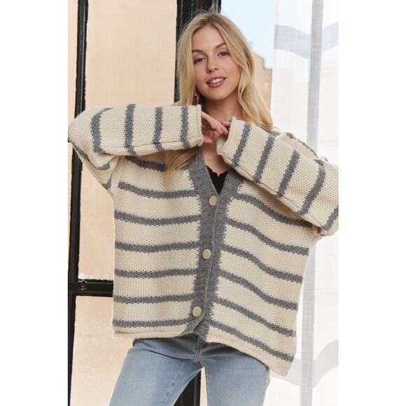 ADORA Horizontally Striped Print Long Sleeves Buttoned Sweater Cardigan | Blue - Picture 4 of 8